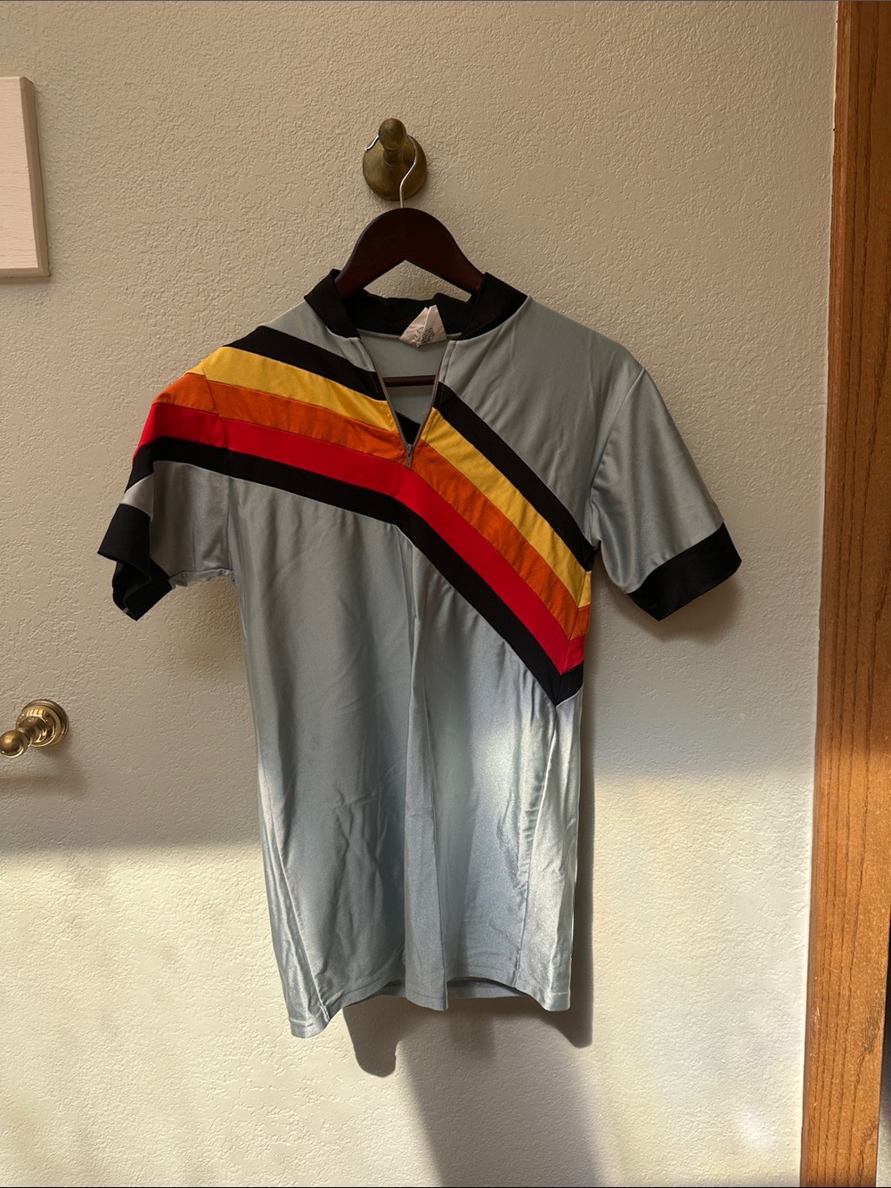 Men's Light Gray Cycling Jersey with Red, Orange & Yellow Stripe - vintage